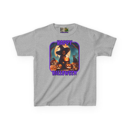 Happy Halloween Cute Witch Purple font Kids Heavy Cotton™ Tee by CreepyCrafts.boo
