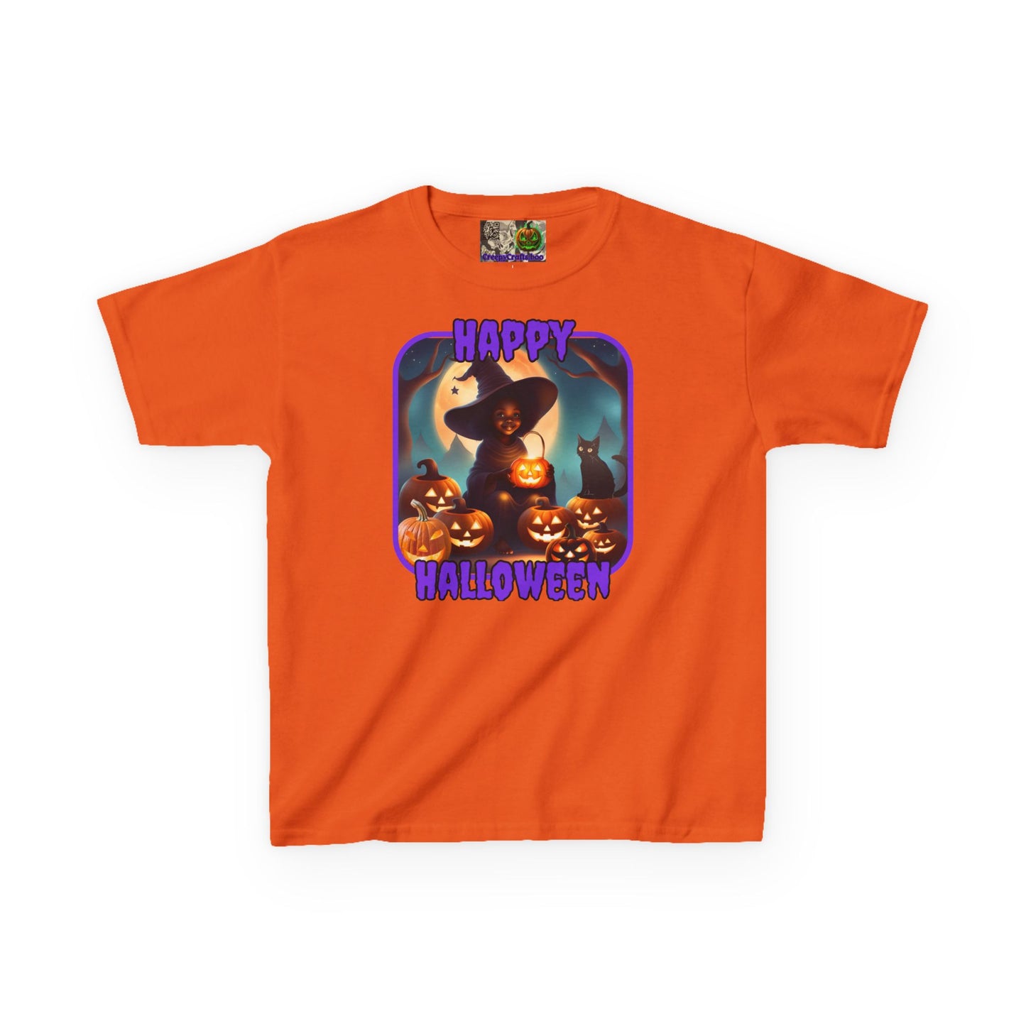 Happy Halloween Cute Witch Purple font Kids Heavy Cotton™ Tee by CreepyCrafts.boo