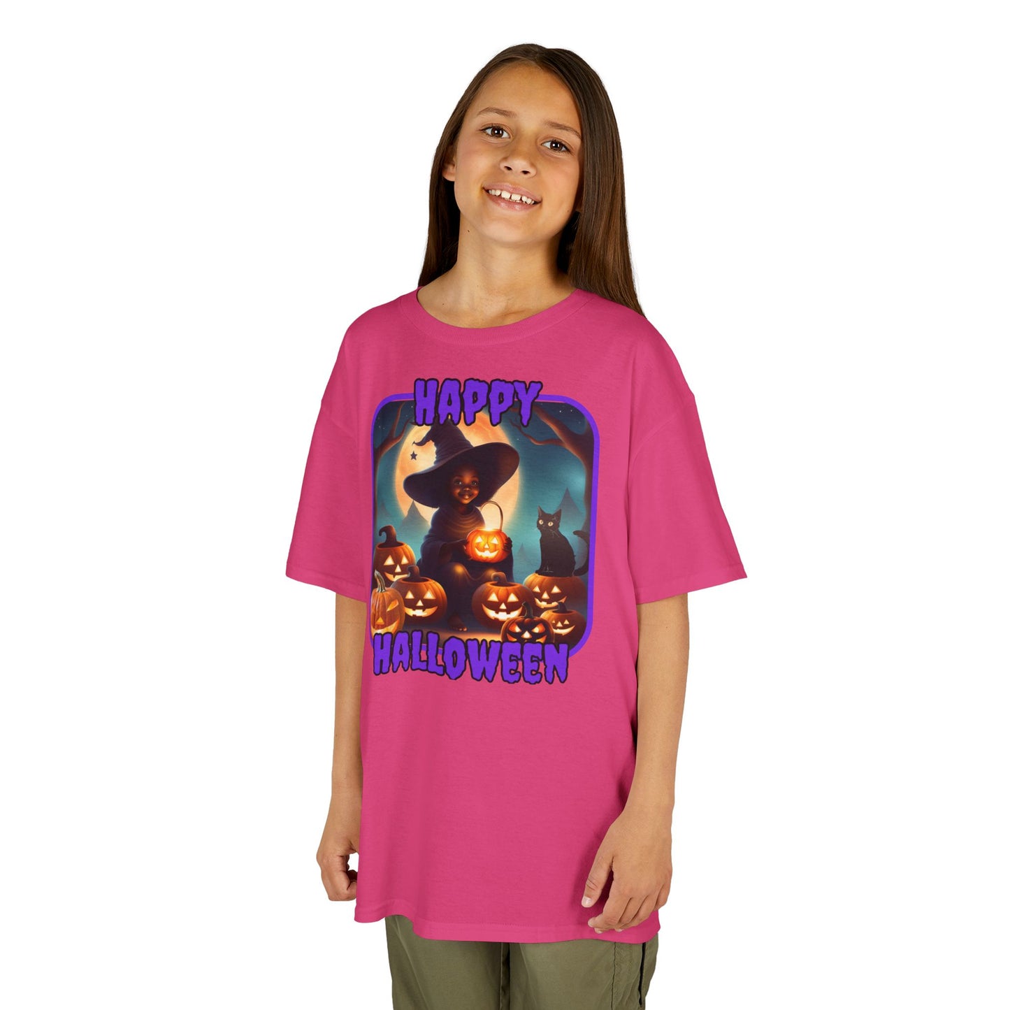 Happy Halloween Cute Witch Purple font Kids Heavy Cotton™ Tee by CreepyCrafts.boo