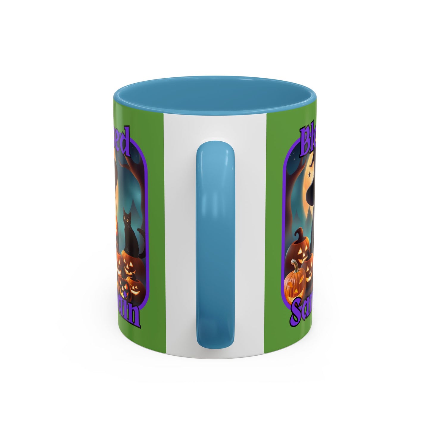 Blessed Samhain Cute Witch Purple font Green Accent Mug by CreepyCrafts.boo