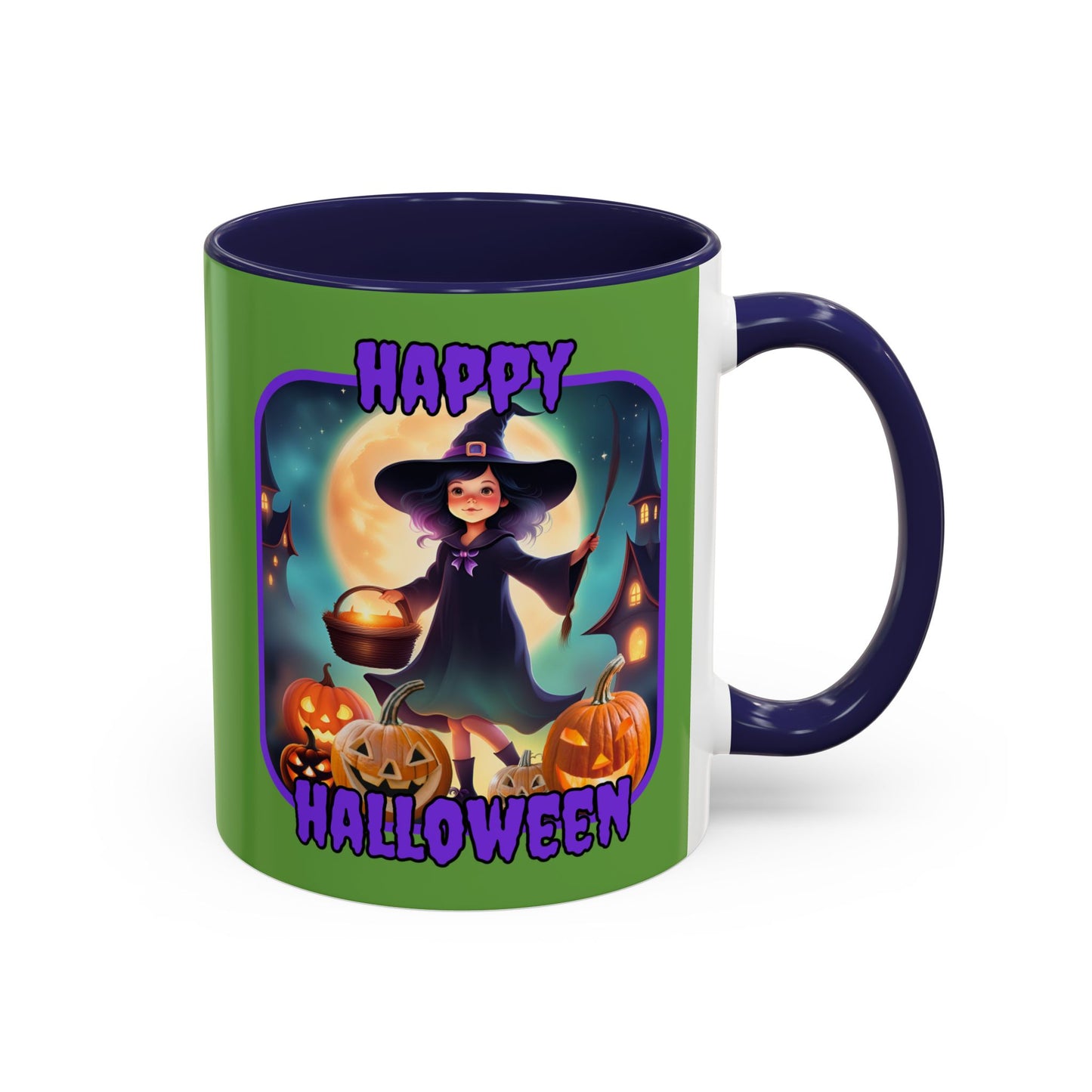Happy Halloween Little Witch Purple font Green Accent Mug by CreepyCrafts.boo
