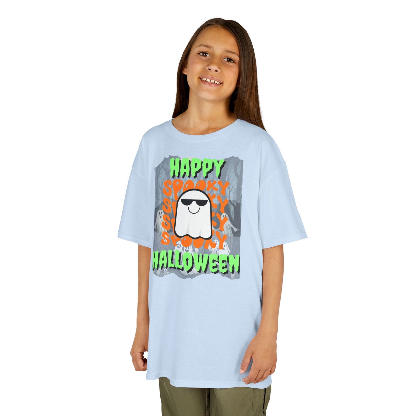 Spooky Happy Halloween Ghost Green font Kids Heavy Cotton™ Tee by CreepyCrafts.boo