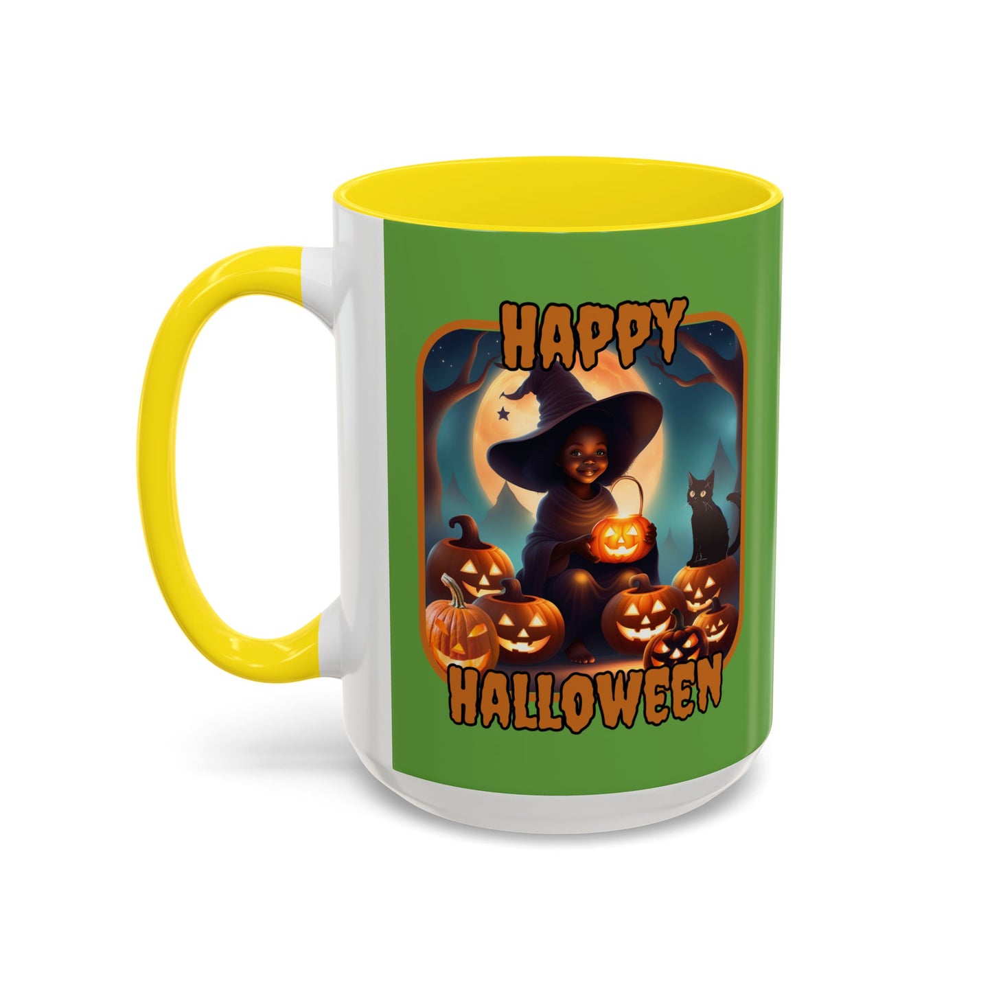 Happy Halloween Cute Witch Orange font Green Accent Mug by CreepyCrafts.boo
