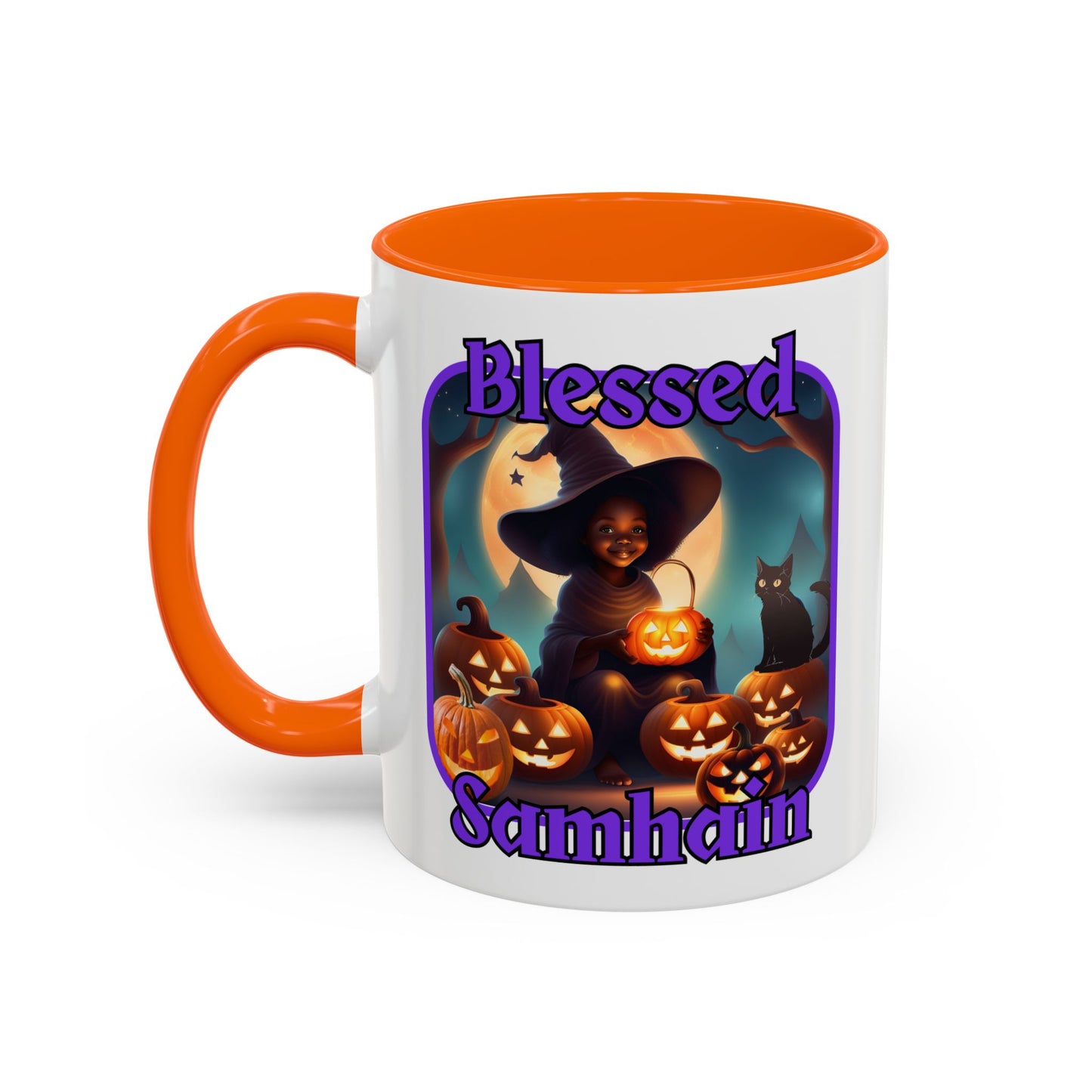 Blessed Samhain Cute Witch Purple font White Accent Mug by CreepyCrafts.boo