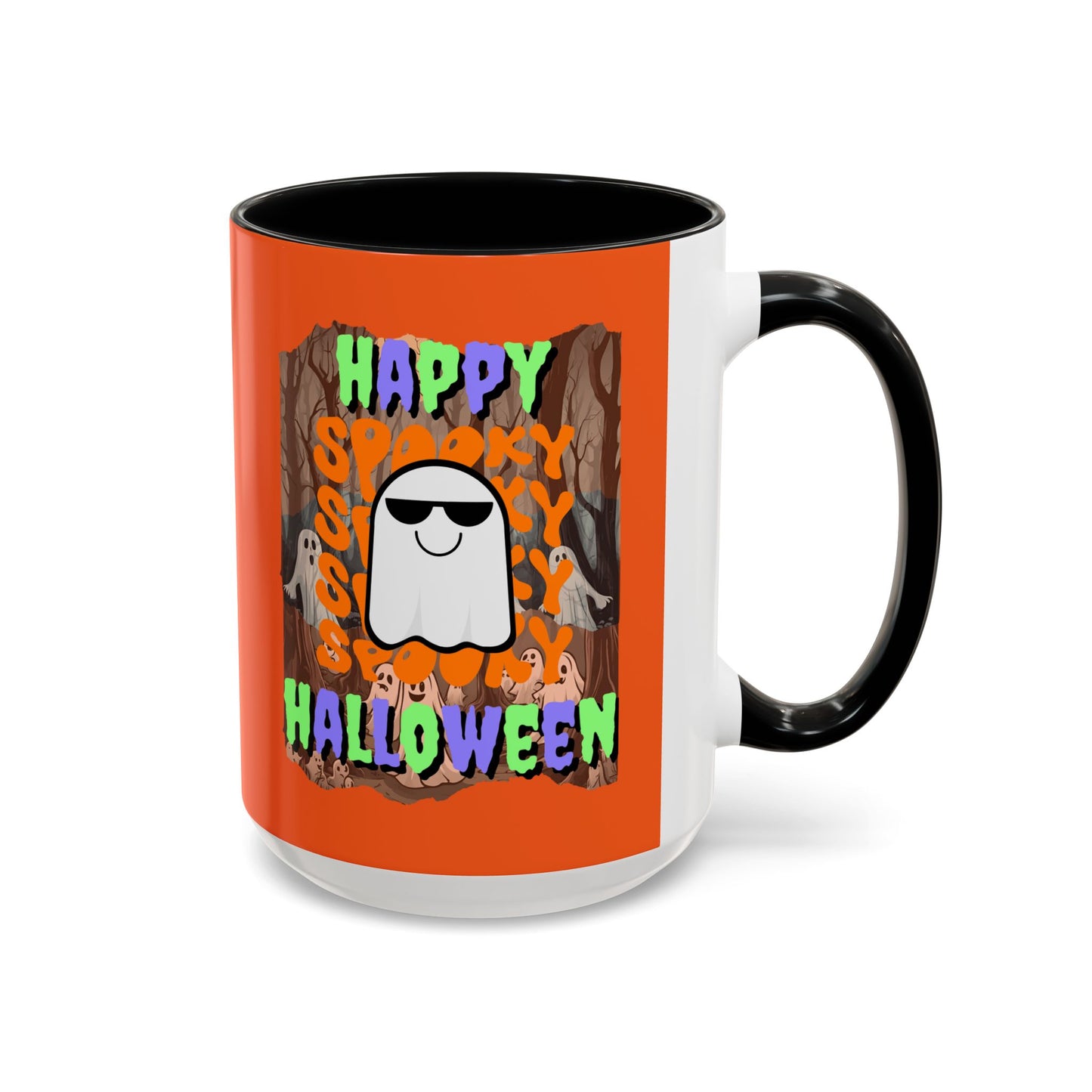 Spooky Happy Halloween Ghost Mixed font Orange Accent Mug by CreepyCrafts.boo