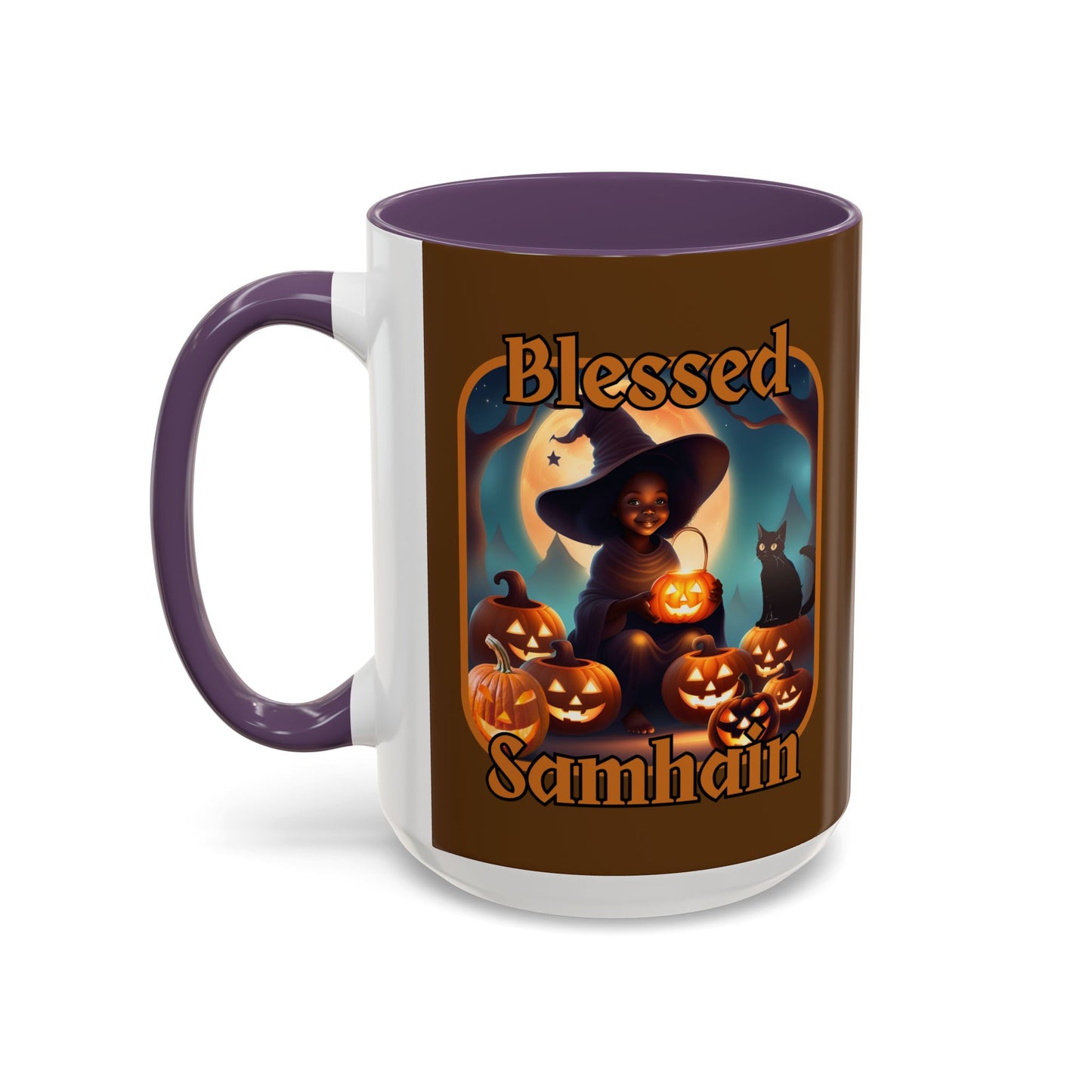 Blessed Samhain Cute Witch Orange font Brown Accent Mug by CreepyCrafts.boo