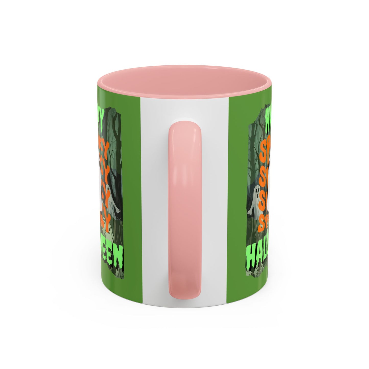 Spooky Happy Halloween Ghost Green font Green Accent Mug by CreepyCrafts.boo