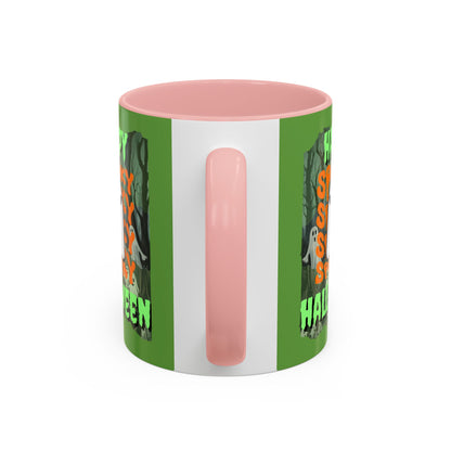 Spooky Happy Halloween Ghost Green font Green Accent Mug by CreepyCrafts.boo