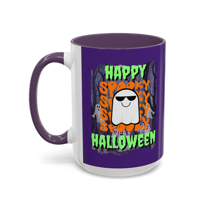 Spooky Happy Halloween Ghost Green font Purple Accent Mug by CreepyCrafts.boo
