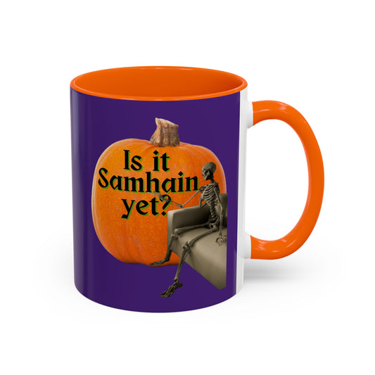 Is It Samhain Yet? Skeleton's Giant Pumpkin Purple Accent Mug by CreepyCrafts.boo
