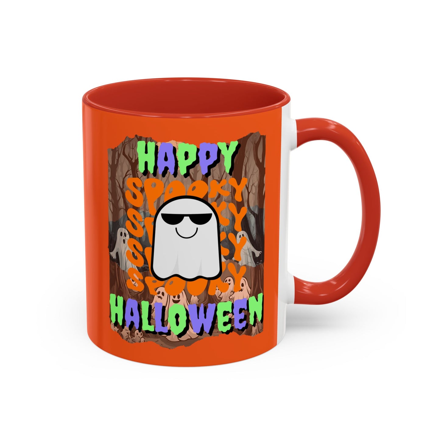 Spooky Happy Halloween Ghost Mixed font Orange Accent Mug by CreepyCrafts.boo