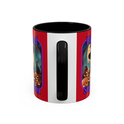 Blessed Samhain Cute Witch Purple font Red Accent Mug by CreepyCrafts.boo