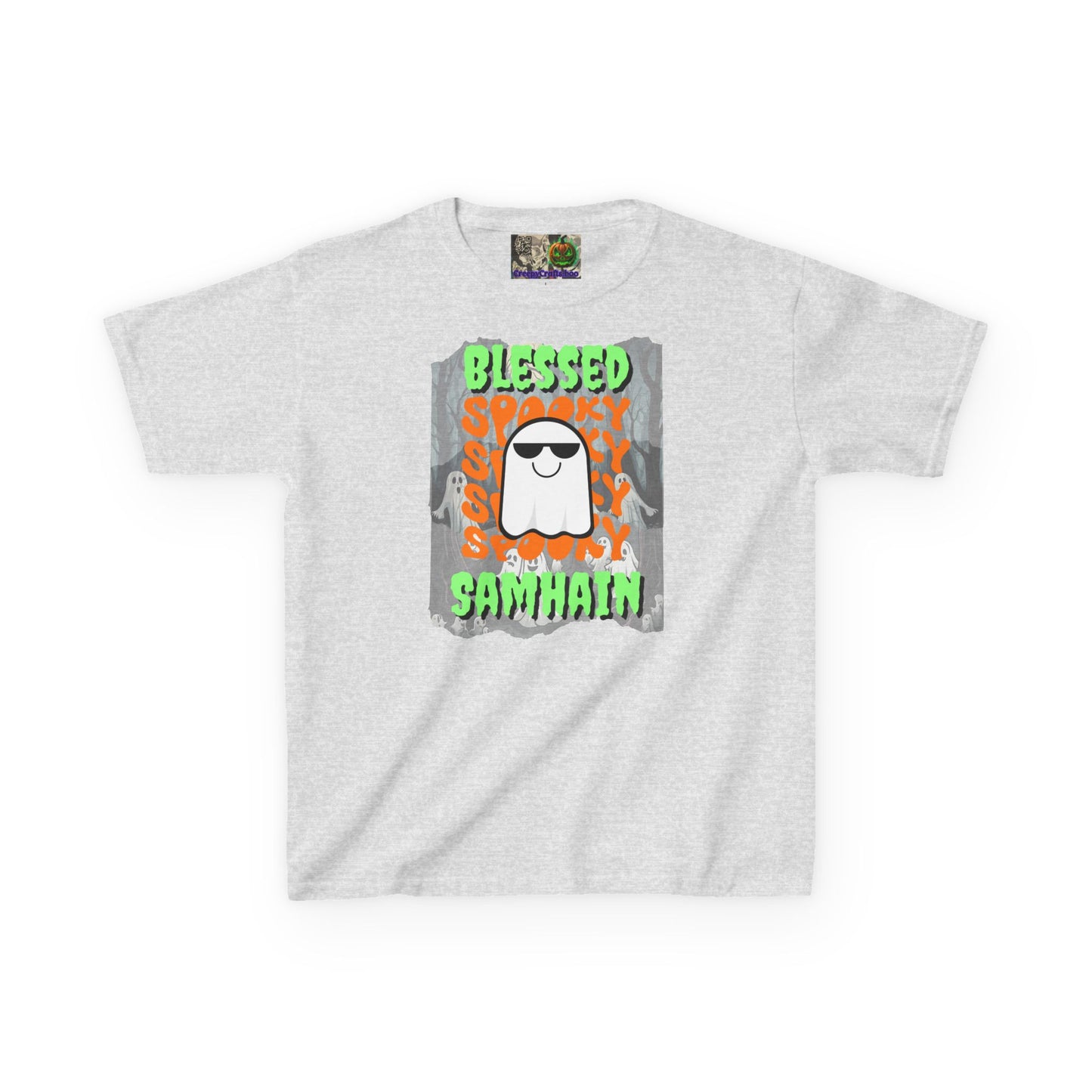 Spooky Blessed Samhain Ghost Green font Kids Heavy Cotton™ Tee by CreepyCrafts.boo