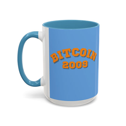 Bitcoin 2009 Light Blue Accent Mug by cypherpunkgear.com