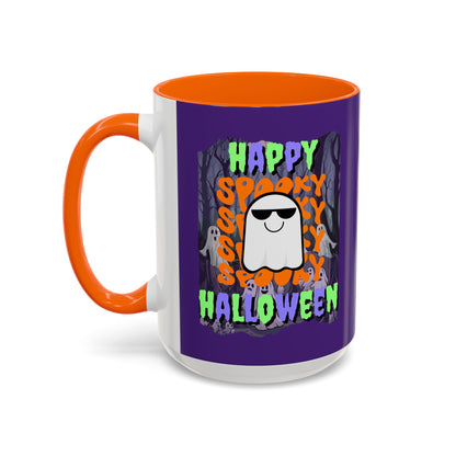 Spooky Happy Halloween Ghost Mixed font Purple Accent Mug by CreepyCrafts.boo