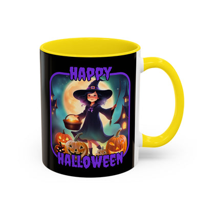 Happy Halloween Little Witch Purple font Black Accent Mug by CreepyCrafts.boo