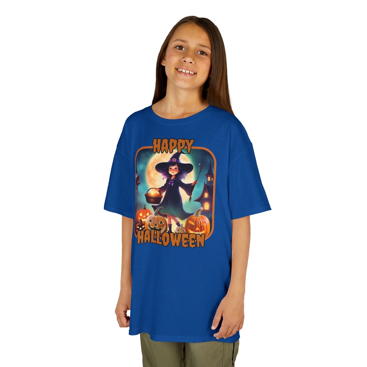 Happy Halloween Little Witch Orange font Kids Heavy Cotton™ Tee by CreepyCrafts.boo