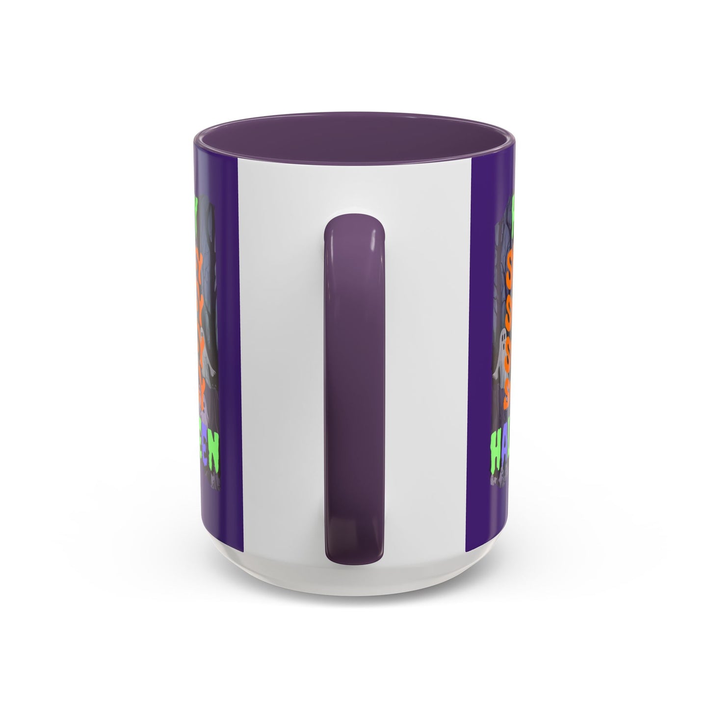 Spooky Happy Halloween Ghost Mixed font Purple Accent Mug by CreepyCrafts.boo
