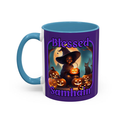 Blessed Samhain Cute Witch Purple font Purple Accent Mug by CreepyCrafts.boo