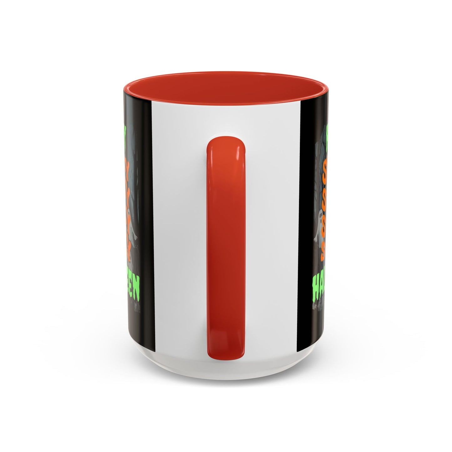 Spooky Happy Halloween Ghost Green font Black Accent Mug by CreepyCrafts.boo