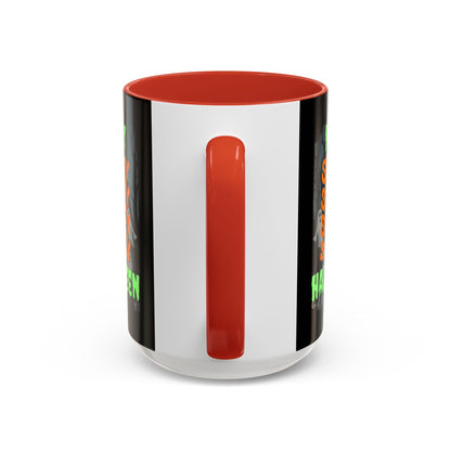 Spooky Happy Halloween Ghost Green font Black Accent Mug by CreepyCrafts.boo