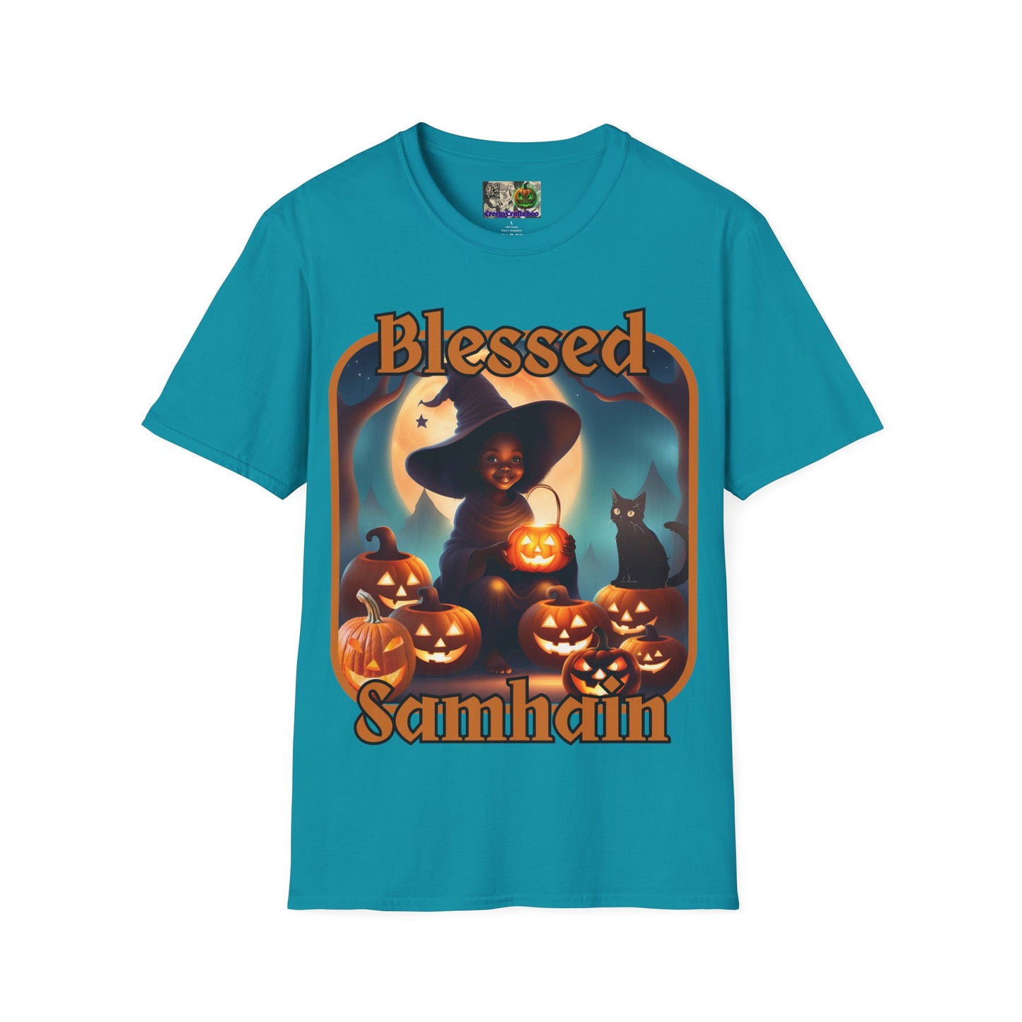 Blessed Samhain Cute Witch Orange font Dark colors Unisex T-Shirt by CreepyCrafts.boo