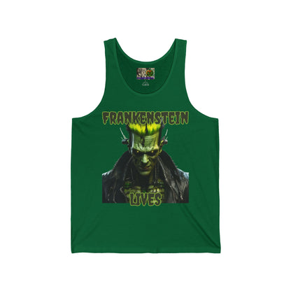 Frankenstein Lives Unisex Jersey Tank Top by CreepyCrafts.boo