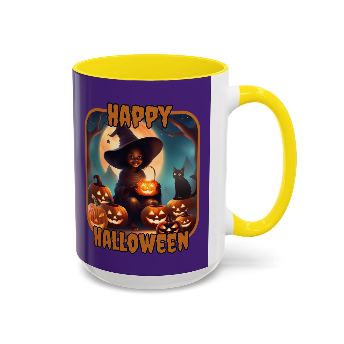 Happy Halloween Cute Witch Orange font Purple Accent Mug by CreepyCrafts.boo