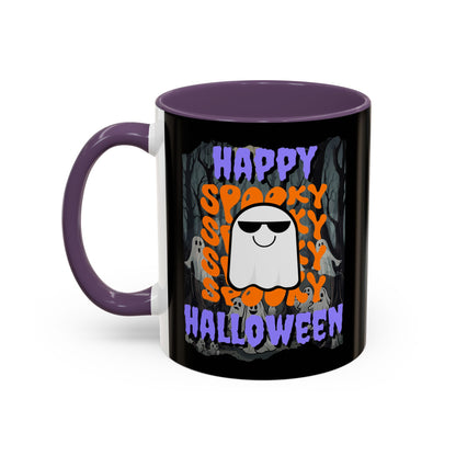 Spooky Happy Halloween Ghost Purple font Black Accent Mug by CreepyCrafts.boo