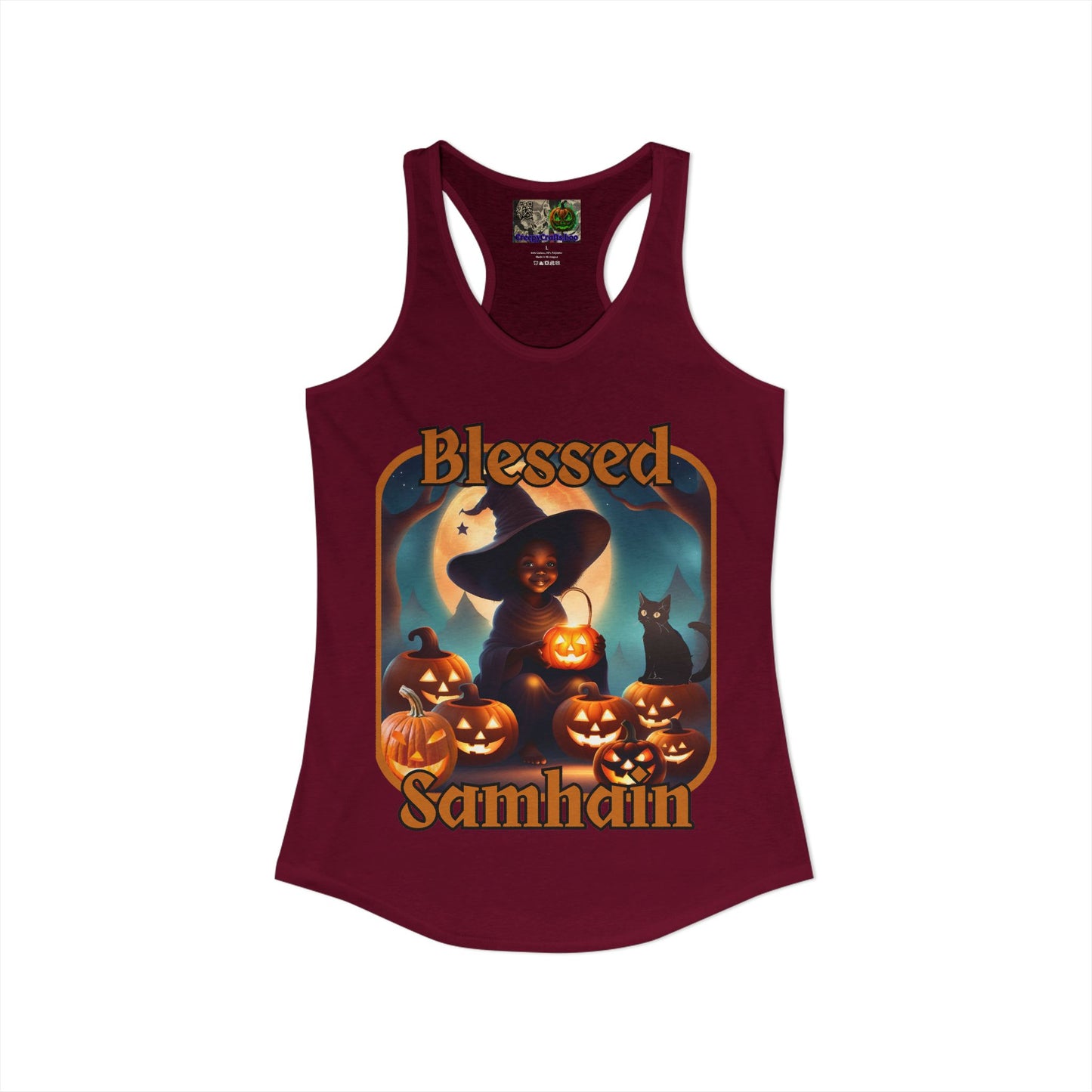 Blessed Samhain Cute Witch Orange font Women's Racerback Tank Top by CreepyCrafts.boo