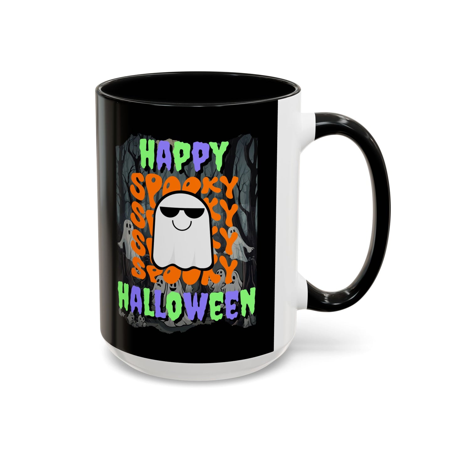 Spooky Happy Halloween Ghost Mixed font Black Accent Mug by CreepyCrafts.boo