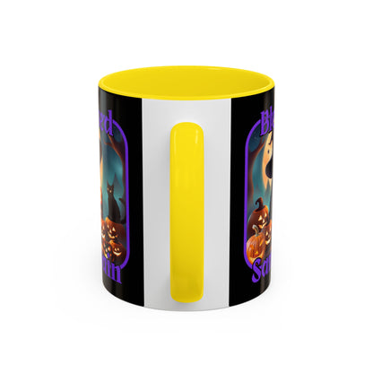 Blessed Samhain Cute Witch Purple font Black Accent Mug by CreepyCrafts.boo