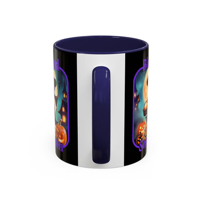 Blessed Samhain Little Witch Purple font Black Accent Mug by CreepyCrafts.boo