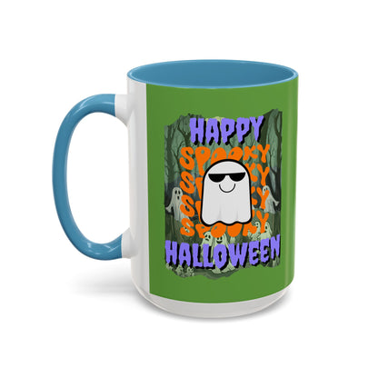 Spooky Happy Halloween Ghost Purple font Green Accent Mug by CreepyCrafts.boo