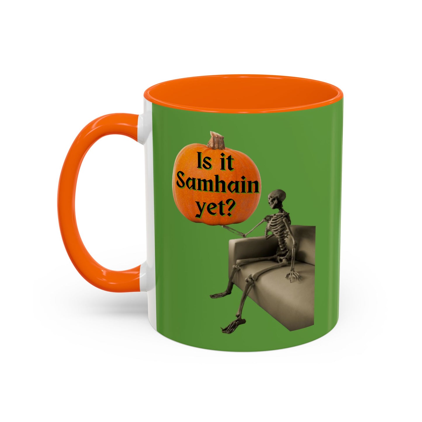 Is it Samhain yet? Skeleton's Pumpkin Green Accent Mug by CreepyCrafts.boo