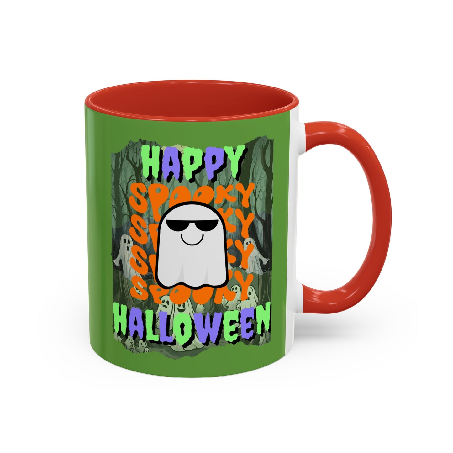 Spooky Happy Halloween Ghost Mixed font Green Accent Mug by CreepyCrafts.boo