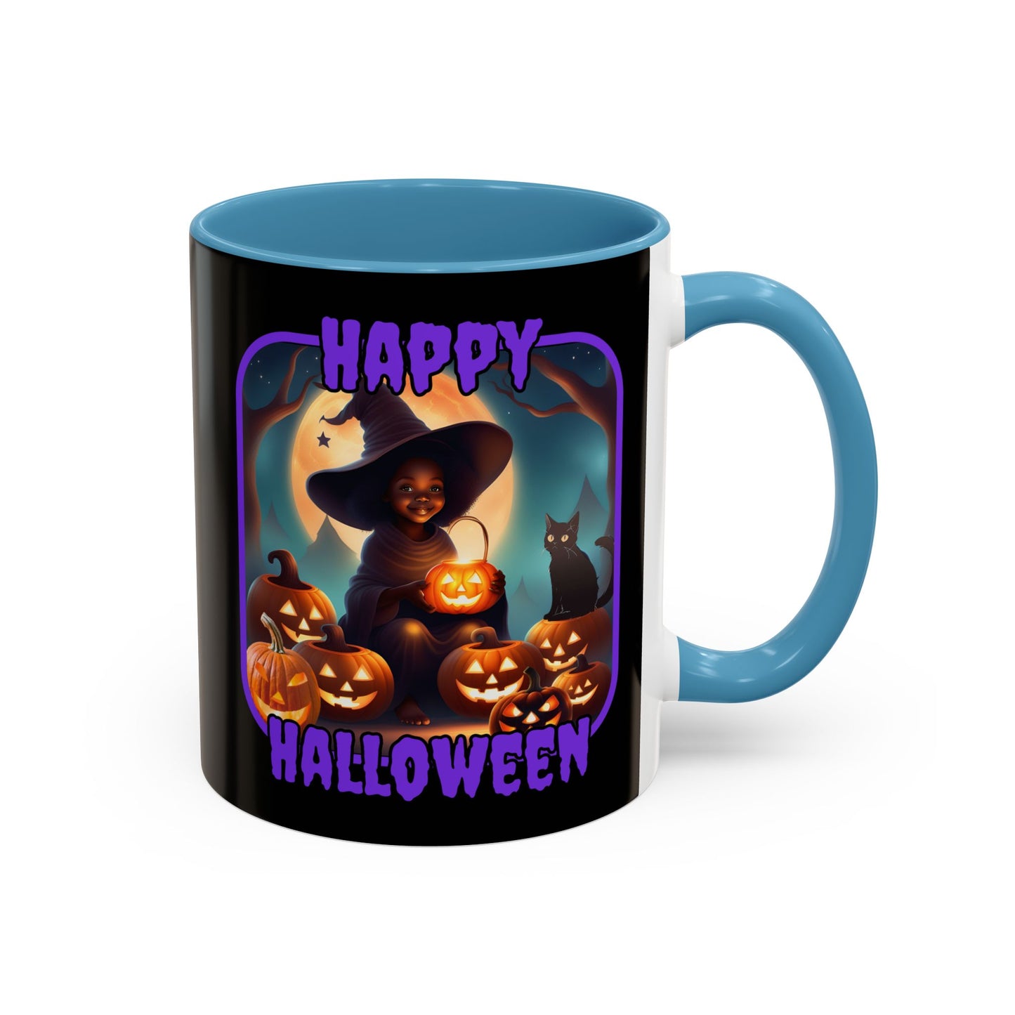 Happy Halloween Cute Witch Purple font Black Accent Mug by CreepyCrafts.boo