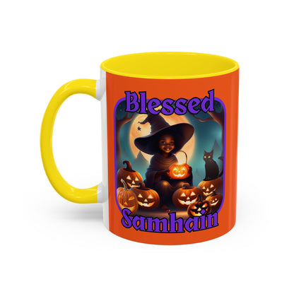 Blessed Samhain Cute Witch Purple font Orange Accent Mug by CreepyCrafts.boo