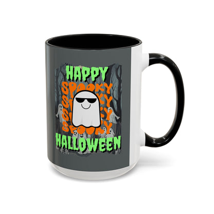 Spooky Happy Halloween Ghost Green font Grey Accent Mug by CreepyCrafts.boo