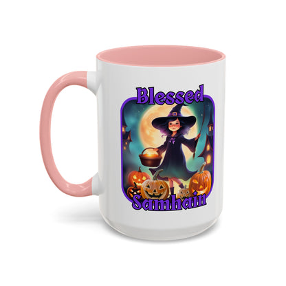Blessed Samhain Little Witch Purple font White Accent Mug by CreepyCrafts.boo