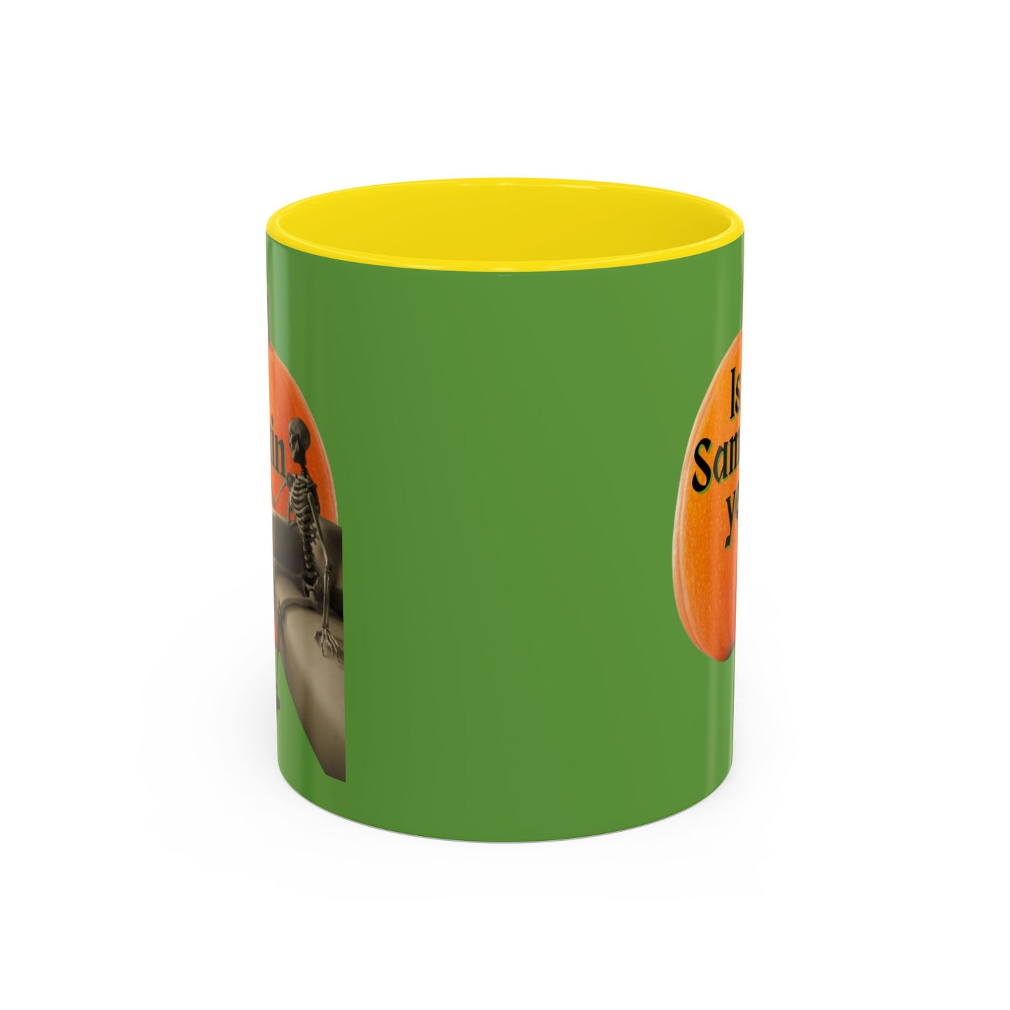 Is It Samhain Yet? Skeleton's Giant Pumpkin Green Accent Mug by CreepyCrafts.boo