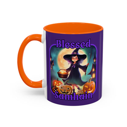 Blessed Samhain Little Witch Purple font Purple Accent Mug by CreepyCrafts.boo