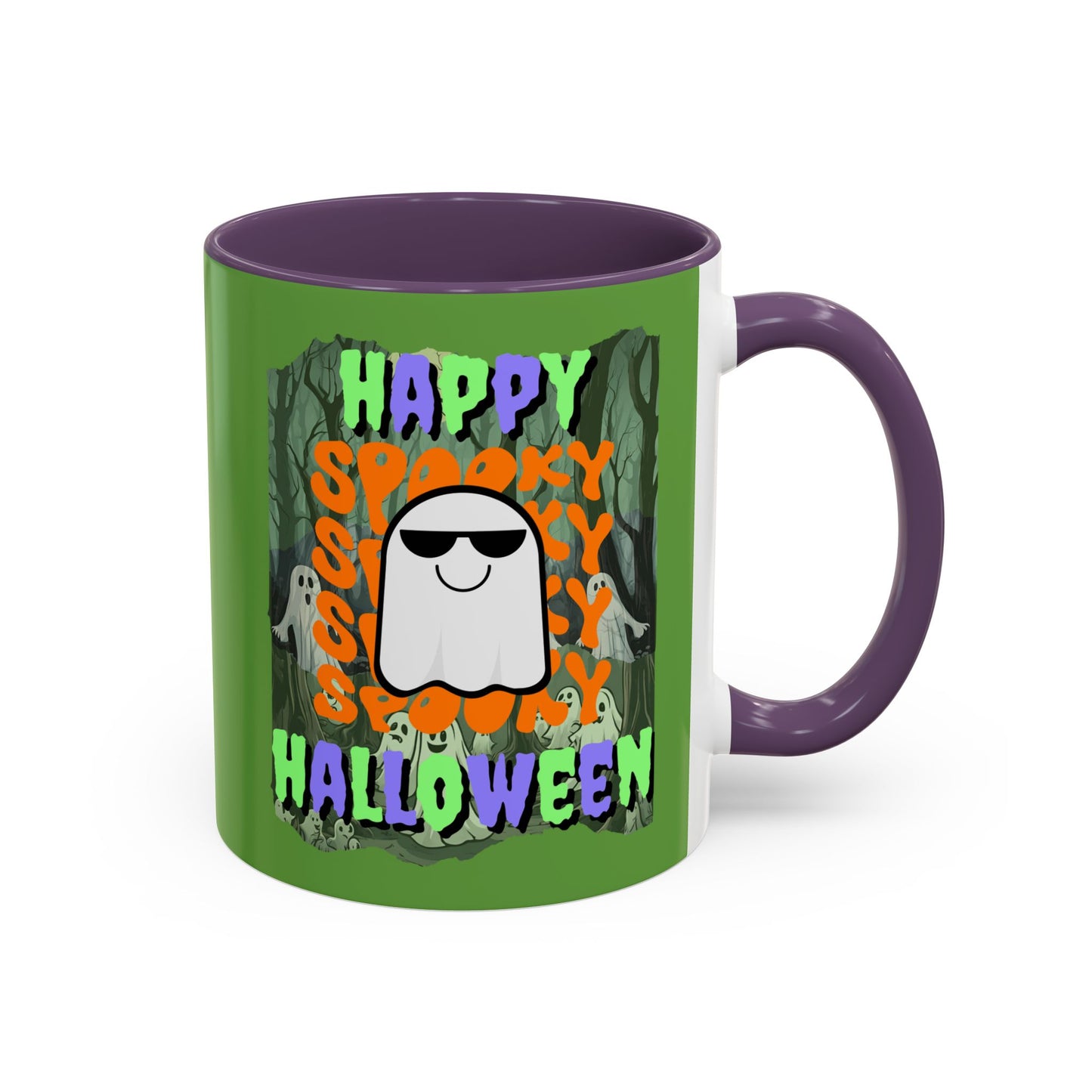Spooky Happy Halloween Ghost Mixed font Green Accent Mug by CreepyCrafts.boo