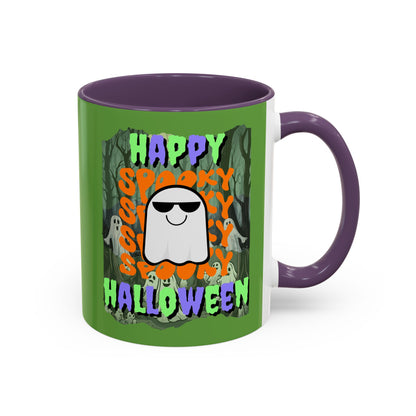 Spooky Happy Halloween Ghost Mixed font Green Accent Mug by CreepyCrafts.boo