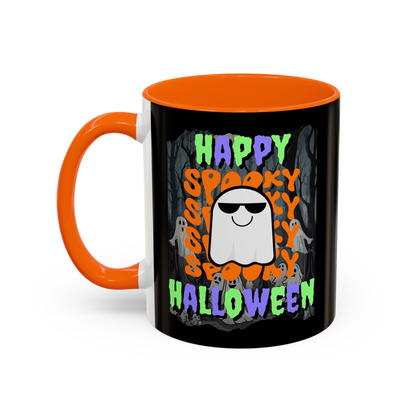 Spooky Happy Halloween Ghost Mixed font Black Accent Mug by CreepyCrafts.boo