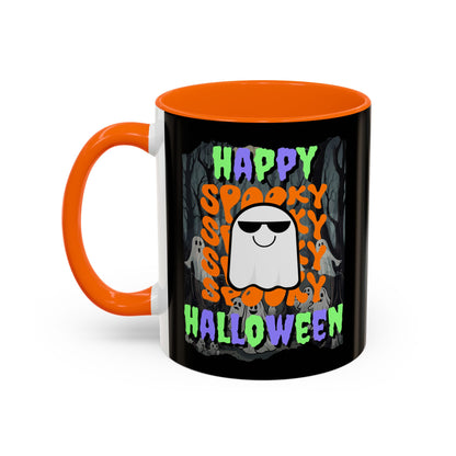 Spooky Happy Halloween Ghost Mixed font Black Accent Mug by CreepyCrafts.boo