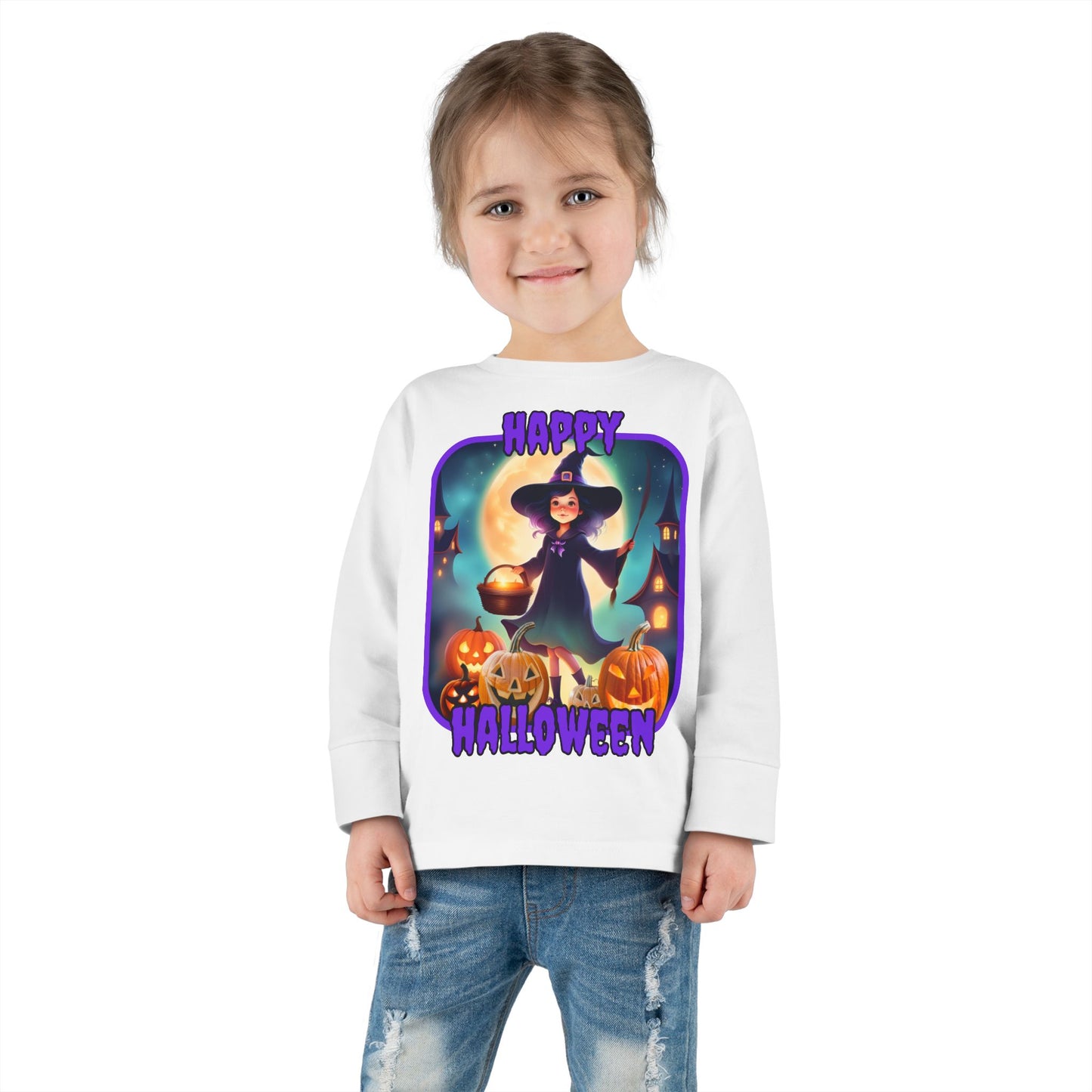 Happy Halloween Little Witch Purple font Toddler Long Sleeve Tee by CreepyCrafts.boo