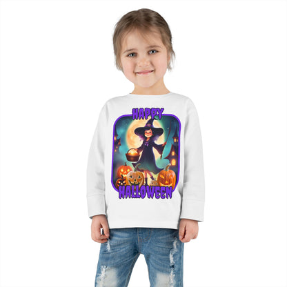Happy Halloween Little Witch Purple font Toddler Long Sleeve Tee by CreepyCrafts.boo