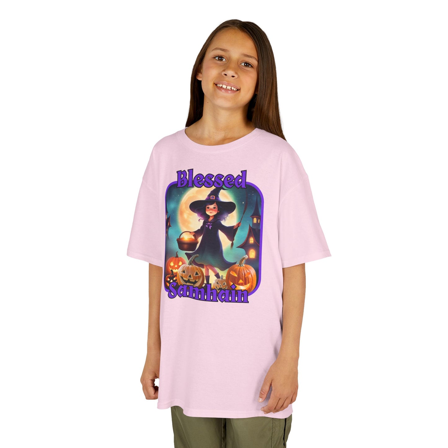 Blessed Samhain Little Witch Purple font Kids Heavy Cotton™ Tee by CreepyCrafts.boo