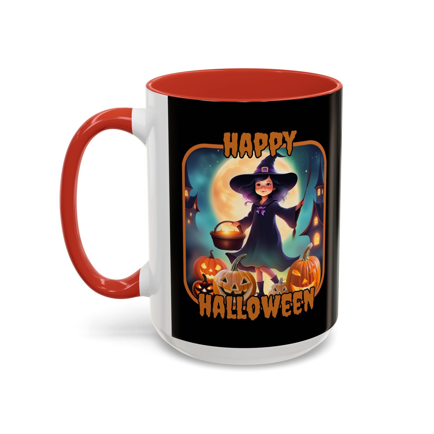 Happy Halloween Little Witch Orange font Black Accent Mug by CreepyCrafts.boo